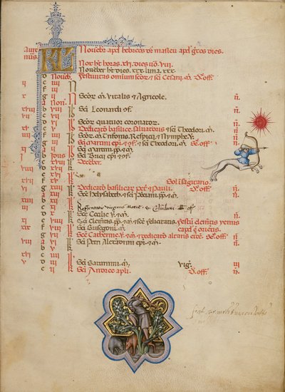 Un uomo che stacca le ghiande da un albero; segno zodiacale del Sagittario da Master of the Brussels Initials