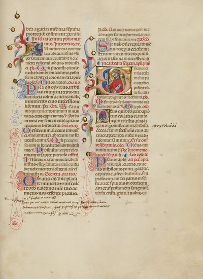 Iniziale I: San Valentino; iniziale S: San Pietro. da Master of the Brussels Initials