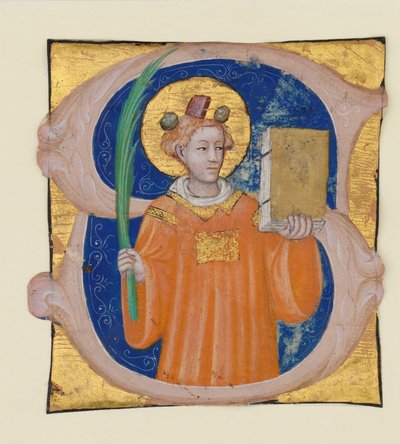 Illustrazione manoscritta con Santo Stefano in una iniziale S, da un antifonario, italiano, ca. 1410-2 da Master of the Brussels Initials