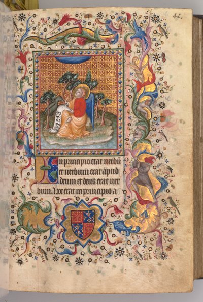 Ore di Carlo il Nobile, Re di Navarra: fol.1r, San Giovanni Evangelista da Master of the Brussels Initials and Associates