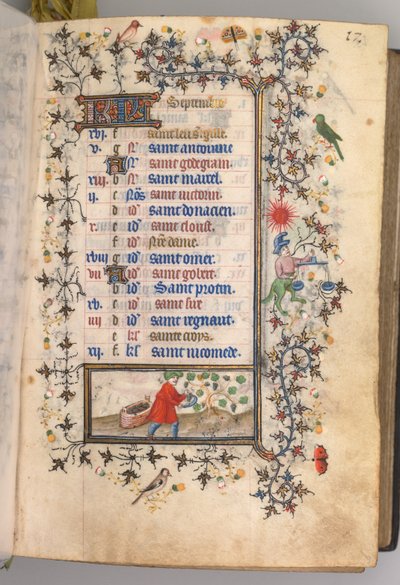 Ore di Carlo il Nobile, Re di Navarra: fol. 9r, settembre, c. 1405 da Master of the Brussels Initials and Associates
