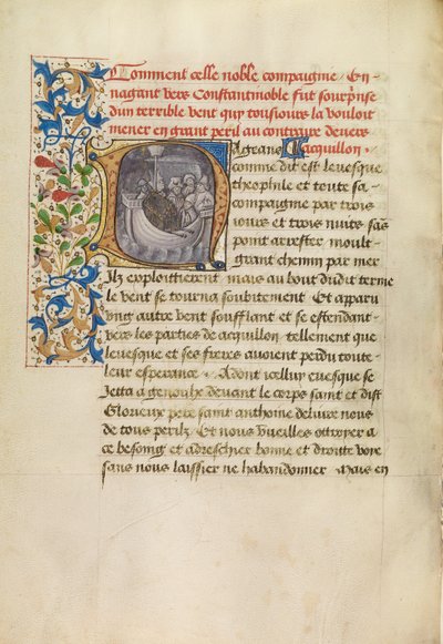 Iniziale N: La nave del vescovo Teofilo fuori rotta e il vescovo Teofilo in preghiera da Master of the Brussels Romuléon