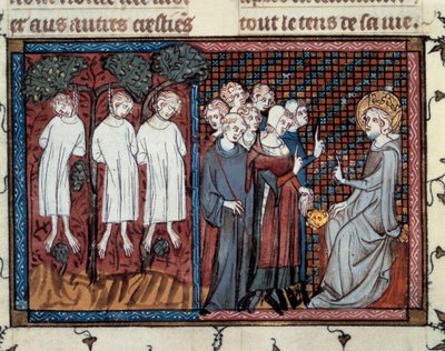 Esecuzioni ordinate da Enguerrand IV de Coucy. Luigi IX che rende giustizia. Miniatura di Mahiet in "Vita e miracoli di San Luigi", manoscritto di Guillaume De Saint Pathus da Master of the Cambrai Missal Mahiet