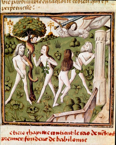 Adamo ed Eva che raccolgono il frutto proibito. Miniatura del Maestro del Campione delle Dame (XV secolo) dal manoscritto 