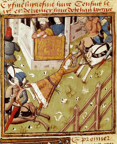 Tortura di Brunehaut: Brunehaut o Brunehilde (543-613), prigioniera di Clotario II, è fatta a pezzi dai cavalli che tirano i suoi arti da ogni lato. Miniatura del Maestro del Campione delle Dame dal manoscritto 