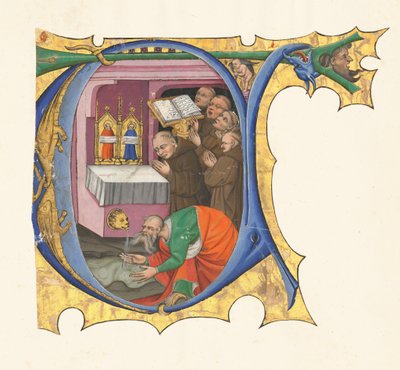 Iniziale T con un gruppo di monaci benedettini che cantano davanti a un altare da cui sgorga acqua da Master of the Cypresses