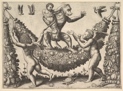 Una scimmia che tiene un putto legato in piedi su una ghirlanda davanti alla quale ci sono due putti alati da Master of the Die