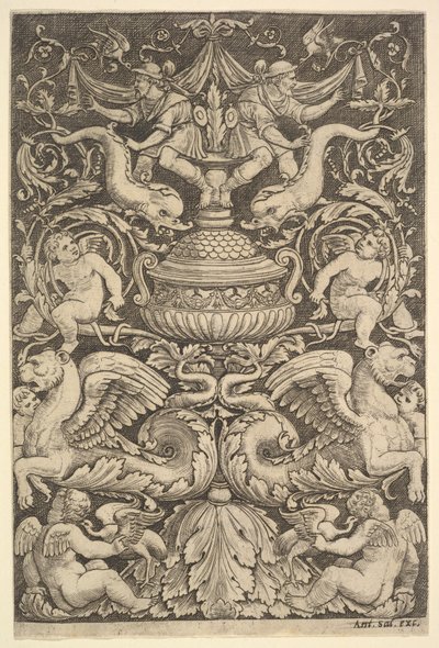 Un pannello ornamentale con un grande vaso al centro, putti e altre figure, 1530-60 da Master of the Die