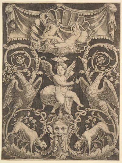 Un Pannello di Ornamento con un Putto al Centro che Tiene un Mulino a Vento, 1532 da Master of the Die