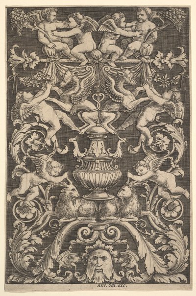 Un pannello di ornamento con putti, capra e altre figure da Master of the Die