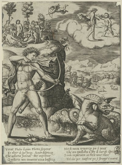 Apollo uccide Pitone, tavola uno da La storia di Apollo e Dafne da Master of the Die
