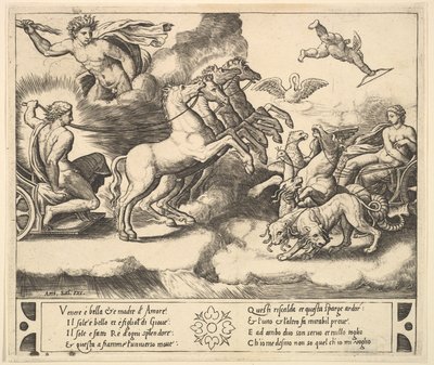 Apollo nel suo carro trainato da cavalli a sinistra, sopra di lui Giove lancia un fulmine, 1530-60 da Master of the Die