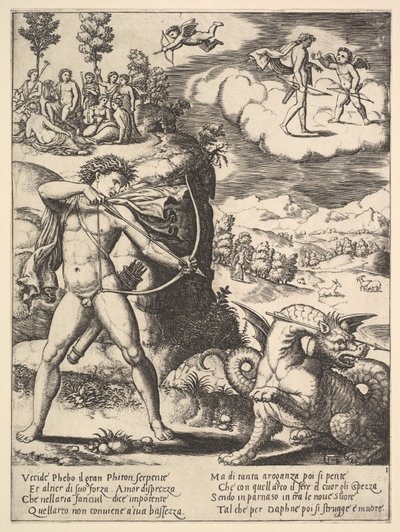 Apollo in piedi a sinistra che spara una freccia a un pitone, sopra a sinistra ci sono le muse..., 1530-60 da Master of the Die