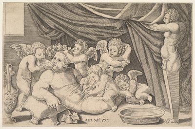 Bacco circondato da putti, una statua di Priapo a destra, 1530-60 da Master of the Die