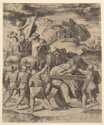 Cristo che porta la croce circondato da soldati, alcuni a cavallo da Master of the Die