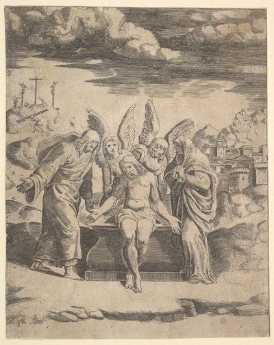 Cristo seduto sulla tomba sostenuto da angeli, 1530-60 da Master of the Die