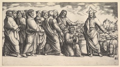 Cristo in piedi a sinistra che indica un gregge di pecore, davanti a lui inginocchiato San Pietro da Master of the Die