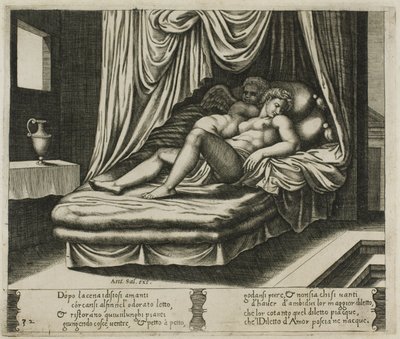 Cupido e Psiche insieme nel letto nuziale da Master of the Die