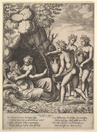 Dafne abbraccia suo padre, il dio fluviale Peneo, a sinistra tre ninfe portano giare ..., 1530-60 da Master of the Die