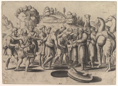 Giuseppe venduto dai suoi fratelli sopra un pozzo, cammelli a destra da Master of the Die