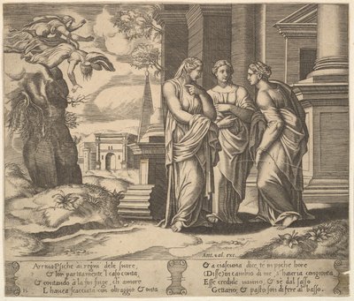 Tavola 15: Psiche racconta le sue disgrazie alle sue sorelle, da La favola di Psiche, 1530-60 da Master of the Die