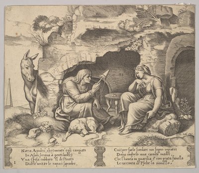 Tavola 1: Apuleio trasformato in asino ascolta la storia raccontata dalla vecchia, 1520-70 da Master of the Die