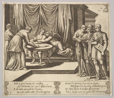 Piatto 8: Psiche seduta a un tavolo e servita da servitori invisibili, Eros accanto da Master of the Die
