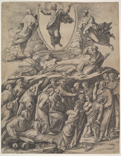 La Trasfigurazione di Cristo che appare al centro in alto, sotto di lui varie figure, 1530-60 da Master of the Die