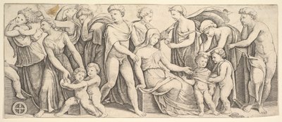 Il matrimonio di Giasone e Creusa, a sinistra Medea prende i suoi figli, 1530-60 da Master of the Die