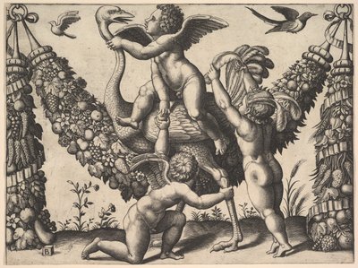 Tre putti davanti a una grande ghirlanda, quello al centro cavalca uno struzzo, ca. 1530-40 da Master of the Die