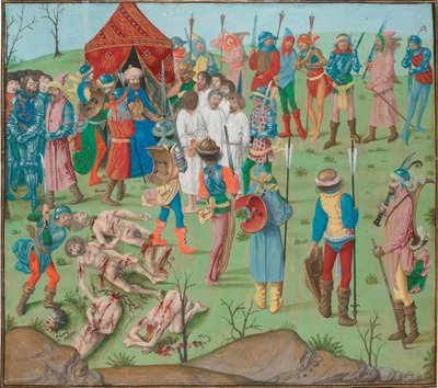 Battaglia di Nicopol dopo il massacro dei cristiani come vendetta per il massacro di Rahova. Jean Froissart, Cronache, Fiandre, Bruges da Master of the Dresden Prayer Book