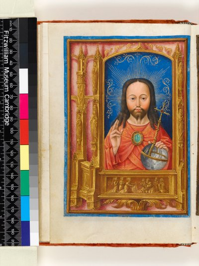 Manoscritto illuminato. Libro delle Ore, fogli 13 verso: Salve sancta facies, Cristo come Salvator mundi che tiene l