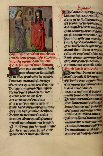 Miniatura mostra Jalousie (Gelosia) che parla con Bel Accueil (Benvenuto), da 
