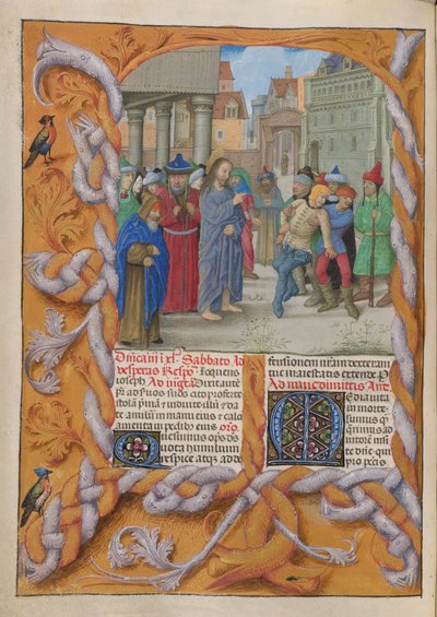 Temporale (1ª parte: dalla Prima Domenica di Avvento al Sabato Santo). Cristo scaccia un demonio muto (Terza Domenica di Quaresima). Bordo e due colonne di testo, con iniziali. da Master of the Dresden Prayer Books