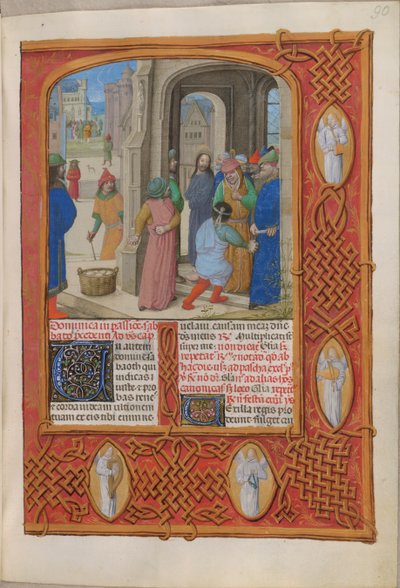 Temporale (1ª parte: dalla Prima Domenica di Avvento al Sabato Santo). Gli ebrei minacciano di lapidare Cristo per blasfemia nel Tempio di Salomone (Domenica della Passione). Bordo contenente angeli. Due colonne di testo. da Master of the Dresden Prayer Books