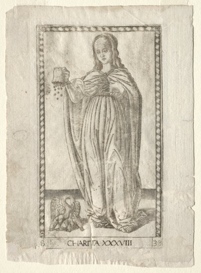 Carità dai Tarocchi, serie B: Principi Cosmici e Virtù, #38, prima del 1467 da Master of the E Series Tarocchi