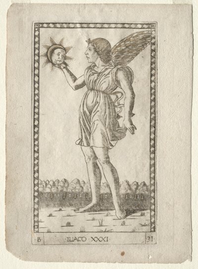Genio del Sole dai Tarocchi, serie B: Principi Cosmici e Virtù, #31, prima del 1467 da Master of the E Series Tarocchi