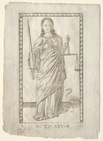 Giustizia dai Tarocchi, serie B: Principi Cosmici e Virtù, #37, prima del 1467 da Master of the E Series Tarocchi