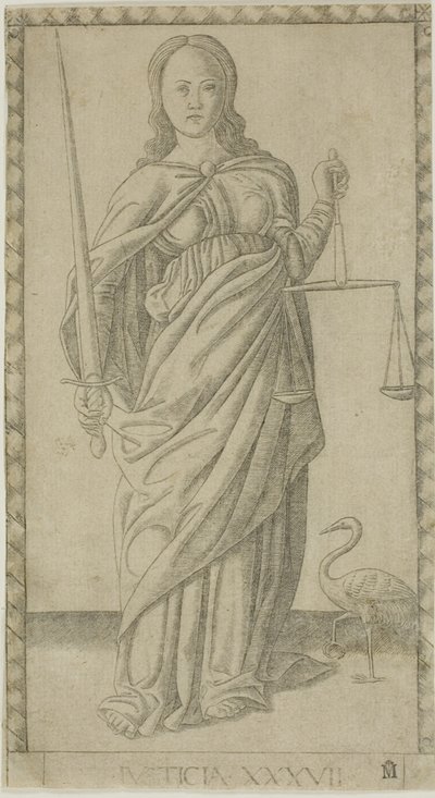 Giustizia, tavola 37 da Genii e Virtù da Master of the E Series Tarocchi