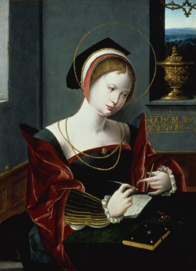 Ritratto di una signora che scrive da Master of the Female Half Lengths