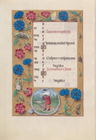 Ore della Regina Isabella la Cattolica, Regina di Spagna: Fol. 11v, Ottobre, c. 1500 da Master of the First Prayerbook of Maximillian