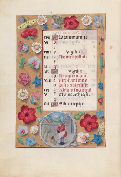Ore di Isabella la Cattolica, Regina di Spagna: Fol. 13v, Dicembre, c. 1500 da Master of the First Prayerbook of Maximillian