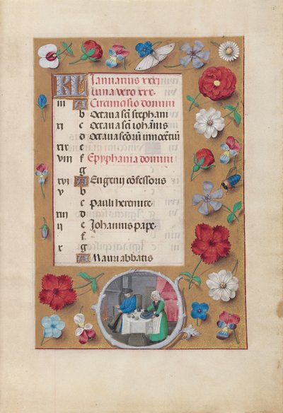 Ore di Isabella la Cattolica, Regina di Spagna: Fol. 2r, Gennaio - Festa, c. 1500 da Master of the First Prayerbook of Maximillian