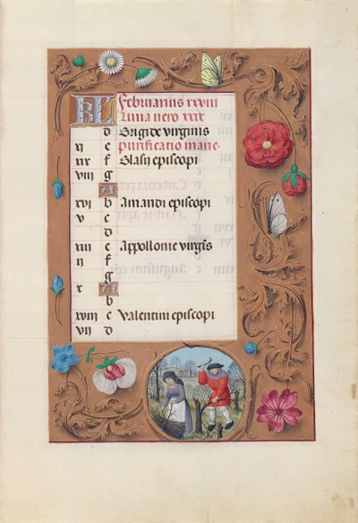 Ore di Isabella la Cattolica, Regina di Spagna: Fol. 3r, febbraio, c. 1500 da Master of the First Prayerbook of Maximillian