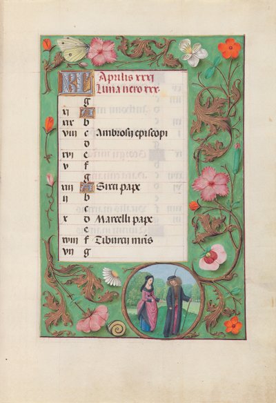 Ore di Isabella la Cattolica, regina di Spagna: Fol. 5r, aprile - Scudiero e damigella, c. 1500 da Master of the First Prayerbook of Maximillian