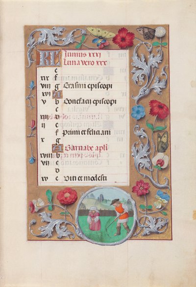 Ore di Isabella la Cattolica, regina di Spagna: Fol. 7r, giugno, c. 1500 da Master of the First Prayerbook of Maximillian