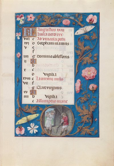 Ore di Isabella la Cattolica, Regina di Spagna: Fol. 9r, Agosto - Trebbiatura del grano, c. 1500 da Master of the First Prayerbook of Maximillian