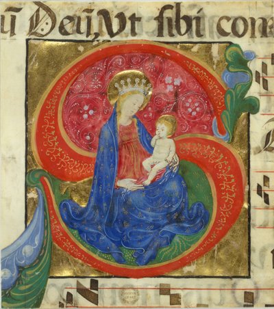 Illustrazione di manoscritto con la Vergine e il Bambino in una iniziale S, da un Antifonario da Master of the Franciscan Breviary