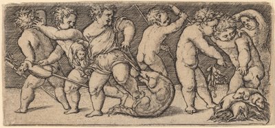 Bambini che Giocano con una Cagna e Tre Cuccioli da Master of the Horse Heads