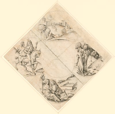 Disegno per un quatrefoglio con un castello, due amanti, una fanciulla tentata da uno sciocco, una coppia seduta accanto a un abbeveratoio e un cavaliere e la sua amante montati su un cavallo da Master of the Housebook